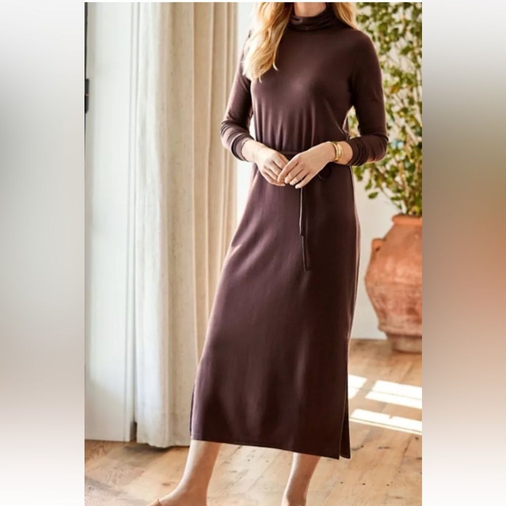 Garnet Hill Turtleneck Knit Midi‎ Dress Brown M